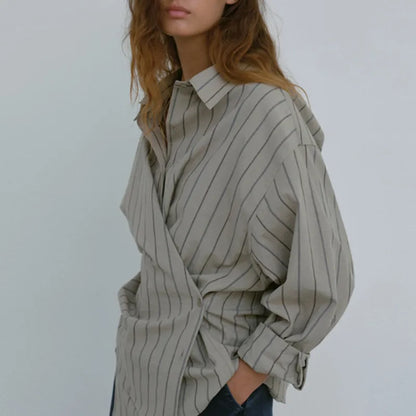 xakxx xakxx  New Autumn Female Clothing Casual Loose Irregular Stripe Long Sleeve Shirt Women's Blouse