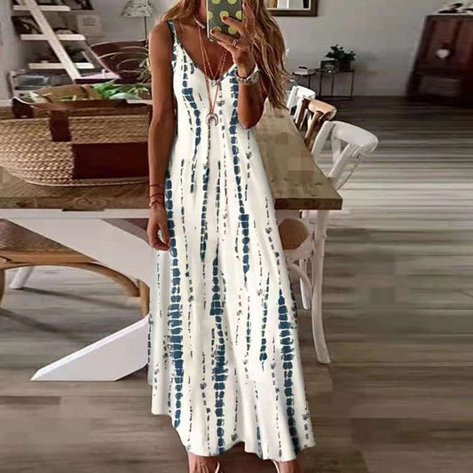 xakxx Women Sexy Spaghetti Strap Maxi Dresses Summer Vintage Casual V-Neck Sleeveless Dress Female Camisole Long Party Dress Vestidos