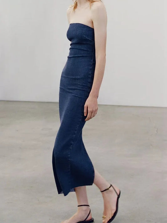xakxx- New women's clothing  temperament fashion casual one-neck tube top slim fit raw edge slit denim dress