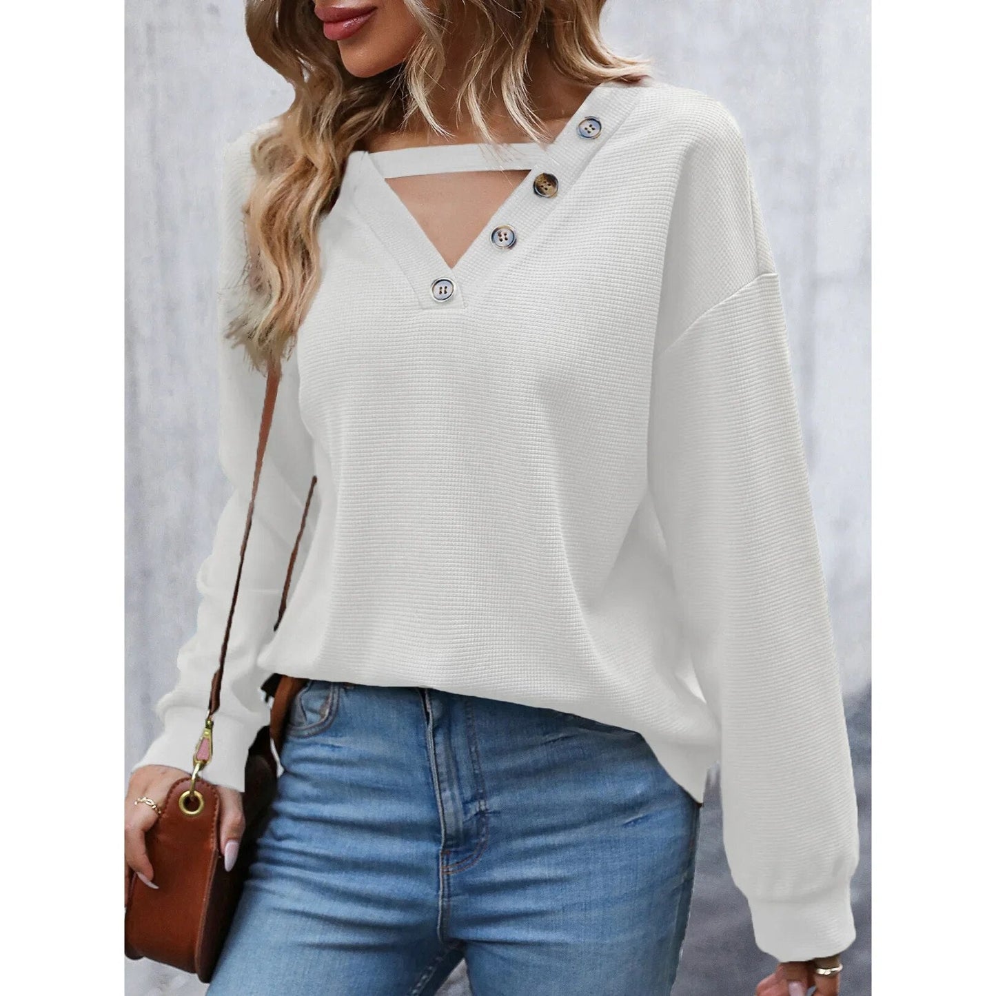 xakxx xakxx- Autumn Hollow Out V Neck Tops Women Fashion Solid Color Long Sleeve Pullovers Female Casual Loose Y2k Clothes