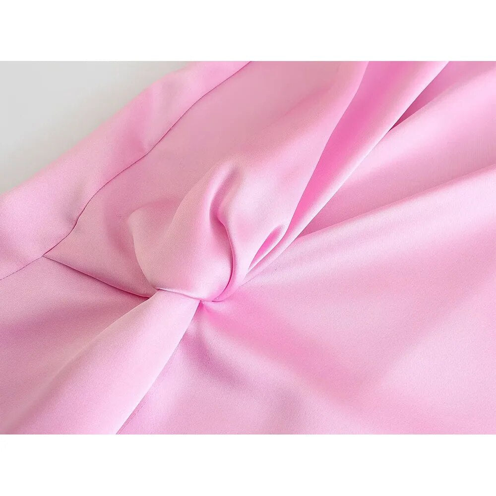 xakxx- NEW WOMEN'S  PLEATED FRONT DECORATIVE BACK SPLIT HITCH DARK ZIP CLOSED SILK SATIN SHORT DRESS