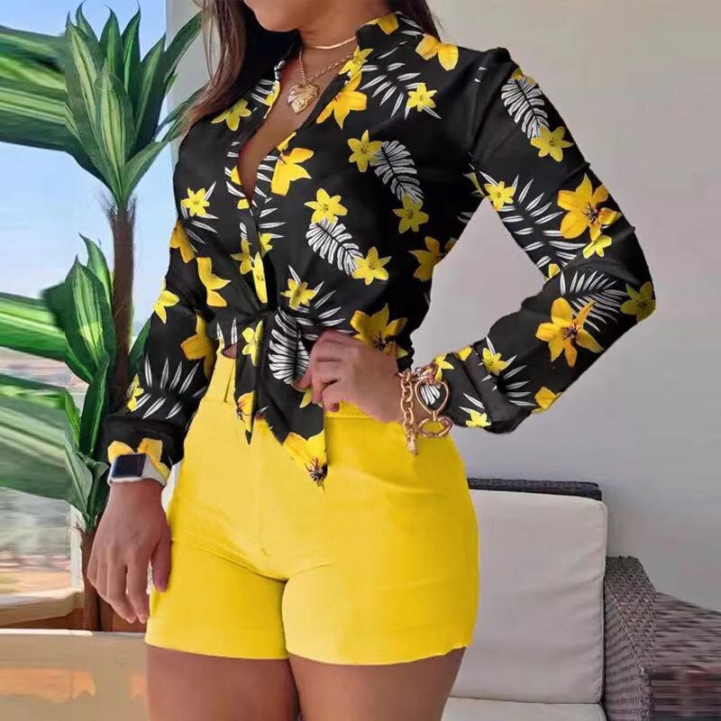 xakxx Women Long Sleeve Floral Printed Tie Knot Top Blouse And Shorts Sets Casual Spring Shirts Female