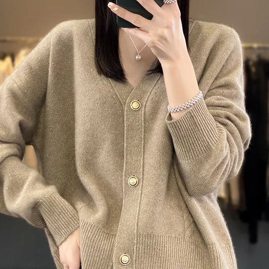 xakxx-New women's 100% pure cashmere grain with thick wool cardigan with golden bean yarn New Year's dress