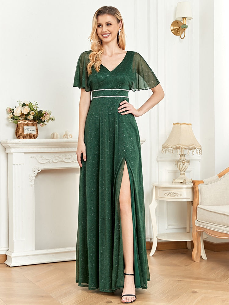 xakxx Elegant Evening Dresses Floor Lenght V-Neck Green Chiffon Split Short Sleeves Bridesmaid Party Long Wome Prom Dress