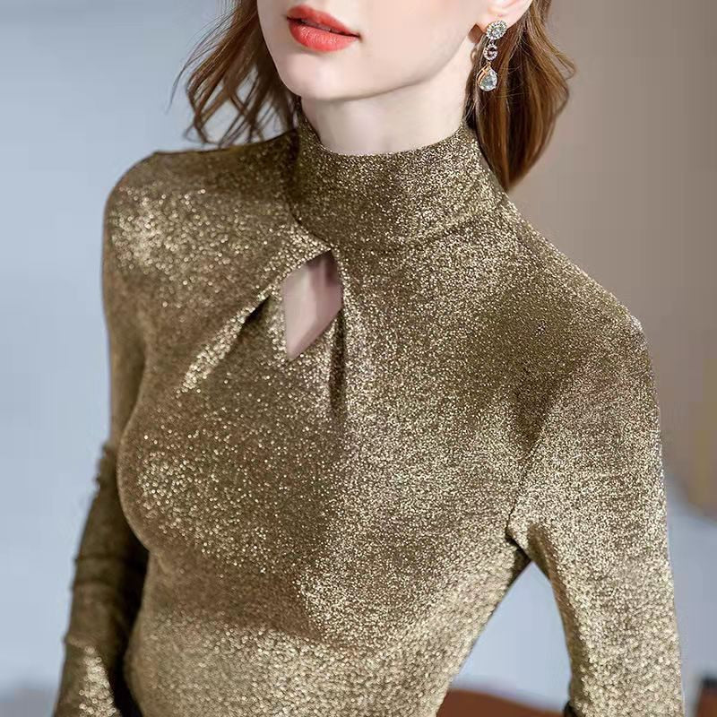 xakxx Black Fridy Golden Hollow Out Women's Blouse Fashion Slim Fit Turtleneck Bottom Blouses Female Elegant Long Sleeve Shirts Tops