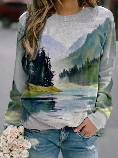 xakxx- Art Graphics T Shirt Women Loose Long Sleeve Sports Sweatshirt Female Natural Scenery Printed Tops Autumn Clothing