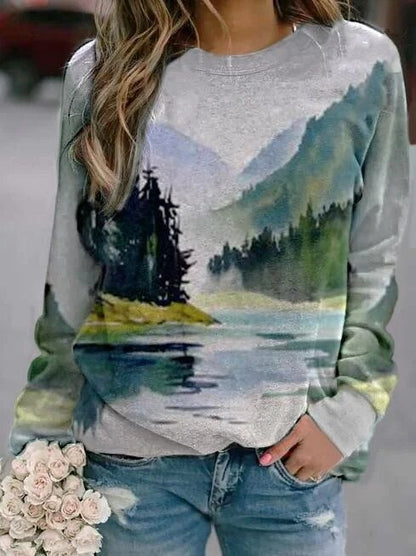 xakxx- Art Graphics T Shirt Women Loose Long Sleeve Sports Sweatshirt Female Natural Scenery Printed Tops Autumn Clothing
