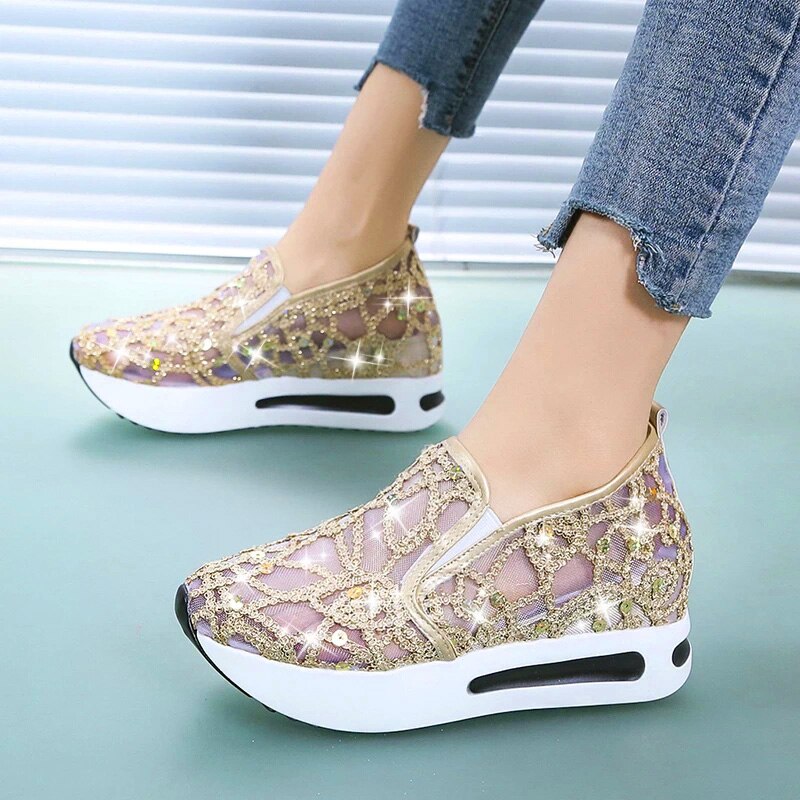 xakxx Female Wedge Shoes Sequin Mesh Breathable Shoes Women Gold Silver Platform Sneakers Women Height Increasing Wedges Casual Shoes