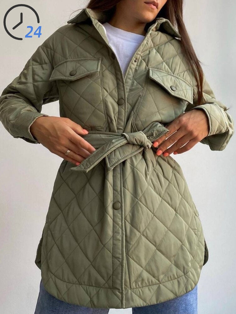 xakxx Women's Winter Jacket New Super Hot Single-breasted Lapel Long Green Loose Warm Plaid Top Casual Streetwear Quilted Coats Female