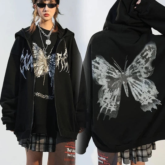xakxx Hip Hop Oversize Women Hoodies Autumn Streetwear Butterfly Print Black Sweatshirt Harajuku Zip Up Goth Punk Female Jacket Hoodie