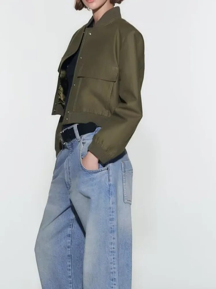 xakxx - NEW WOMEN'S RUNNING DECORATION WITH ONE TONE RIBBON TRIM LAYER FRONT SNAP CLOSED BIG POCKET PILOT JACKET COAT