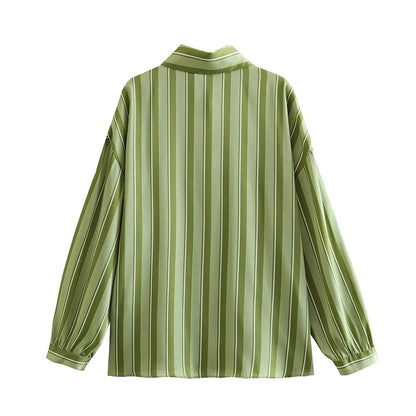 xakxx- New Women's  Temperament Fashion Versatile Casual Long Sleeve Polo Shirt Front Button Closed Stripe Loose Fit Shirt