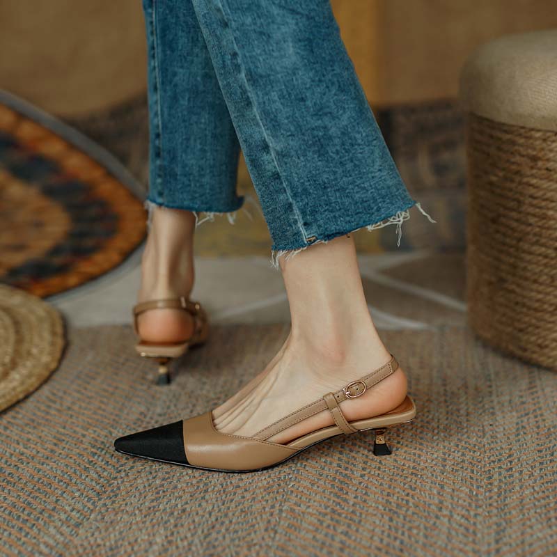 xakxx New Summer Women Slingback Sandals Pointed Toe Mid Heel Females Slippers Elegant Cozy Vintage Girl Office Banquet Footwear