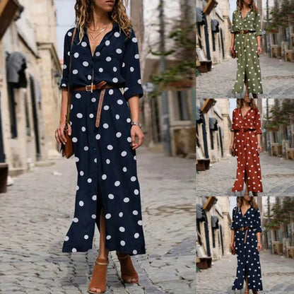 xakxx- Classic Polka Dot Dress Women Polo Neck Long Sleeve Buttons Dresses Office Lady Casual Dot H Feminino Vestidos Robes