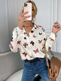 xakxx xakxx- Autumn Butterfly Shirt Women Button V-Neck Long Sleeves Female Stylish Lapel Blouses OL Slim Fit Tops