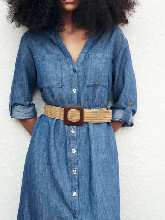 xakxx- New Women's Casual Chic Front Patch Pockets Front Button Closure Contrasting Belt Linen Blend Shirt Dress
