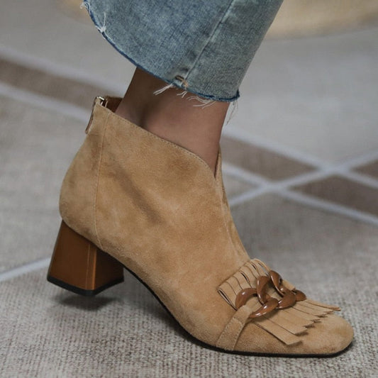 xakxx Autumn/Winter Women Boots Sheep Suade Round Toe Square Heel Mid-Heel Ankle Boots Fringed Zipper Fashion Office Lady Shoes