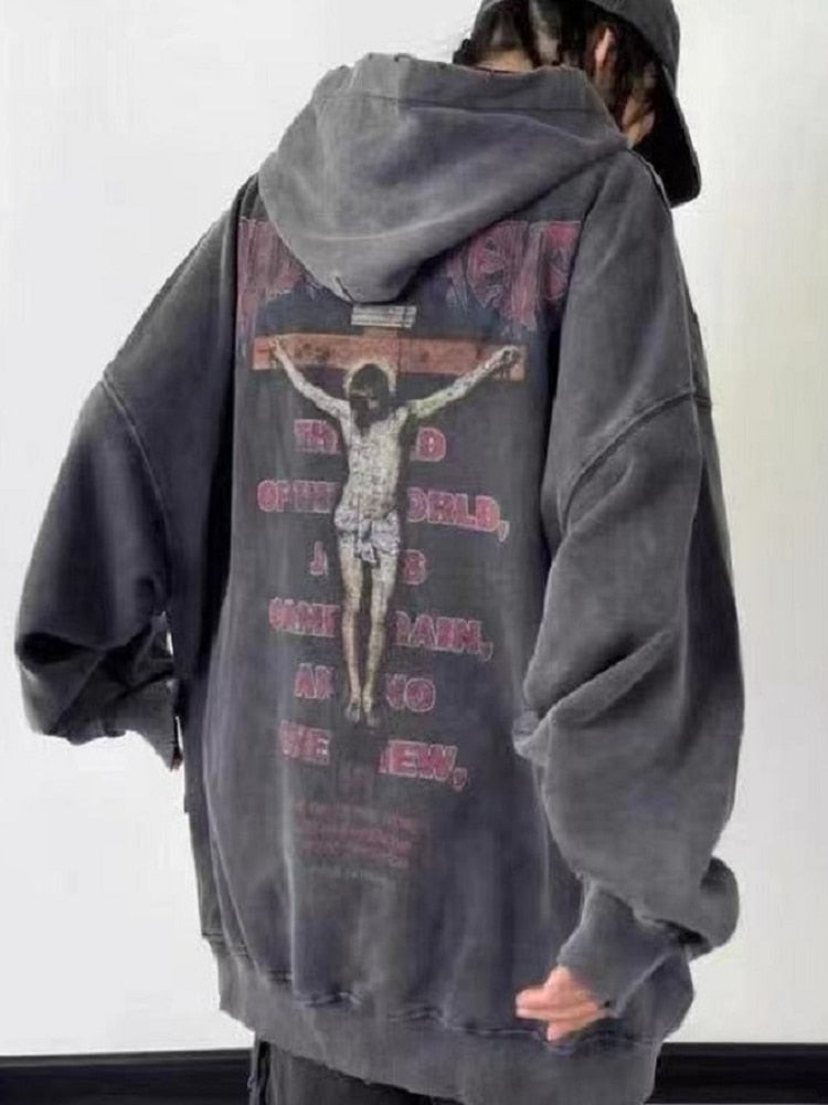xakxx Gothic Jesus Print Oversize Hoodie Women Vintage Harajuku White Crewneck Sweatshirts Pullover Female Mall Goth Tops