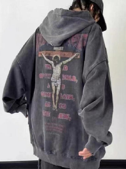 xakxx Gothic Jesus Print Oversize Hoodie Women Vintage Harajuku White Crewneck Sweatshirts Pullover Female Mall Goth Tops