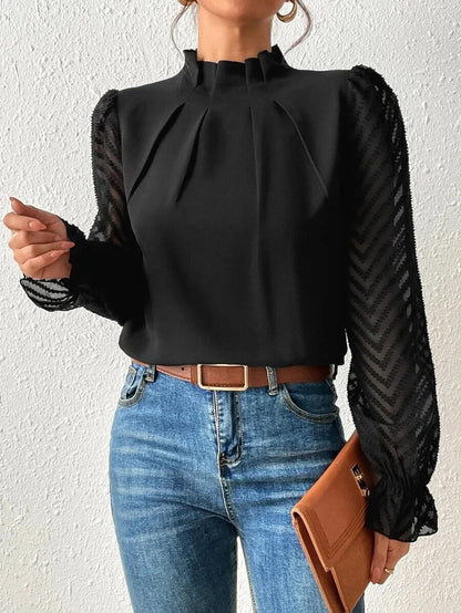 xakxx xakxx- Luxury Half High Collar Blouse Lady Panel Wave Pattern Ruffle Leaf Long Sleeved T-Shirt  Autumn Winter Clothes