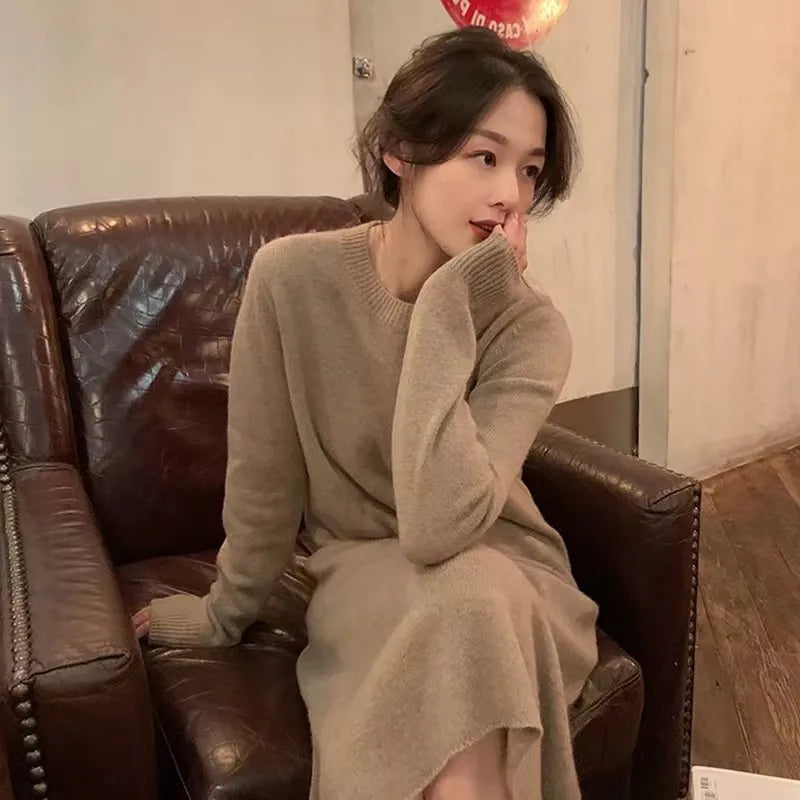 xakxx xakxx-Simple round neck pure cashmere knit dress women's knee-high autumn and winter new coat with long sweater skirt.