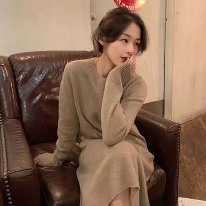 xakxx xakxx-Simple round neck pure cashmere knit dress women's knee-high autumn and winter new coat with long sweater skirt.