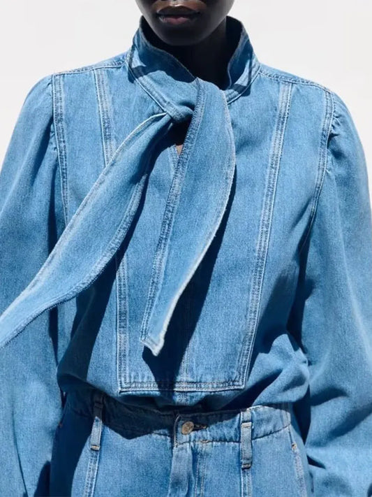 xakxx xakxx- New women's wear  long-sleeved commuter pullover, temperament, versatility, women's bow decoration, denim shirt