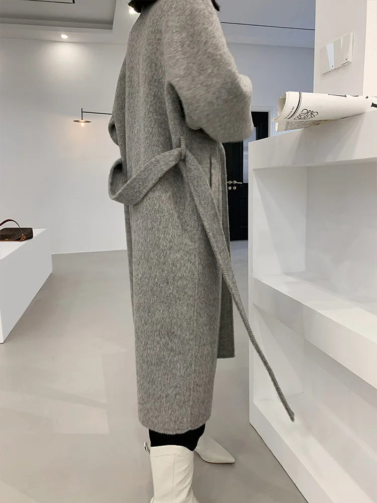 xakxx-New High-end Women Wool Herringbone Loose Double-sided Wool Coat Temperament Handmade Natural Wool Fashion Jacket Autumn Winter