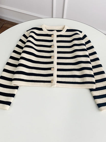 xakxx Women Single Breasted Striped Cardigan Jacket O-Neck Long Sleeve Casual Slim Short Knitted Coat for Ladies  Spring