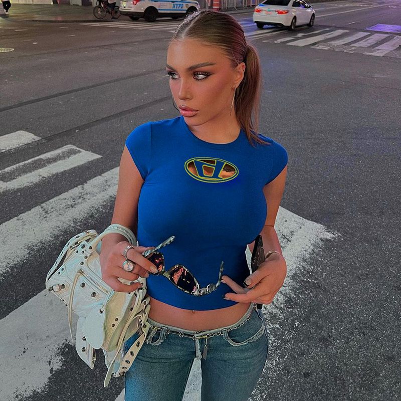 xakxx Embroidery Letter D T-shirt Women Short Sleeve Round Neck Slim Fit Y2k Crop Top Baby Tee Baddie Outfits 90s F2000s Clothes
