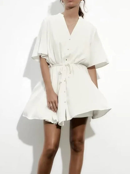 xakxx - New women's  round neck short sleeve dress V-shaped neckline with lining woven belt short dress