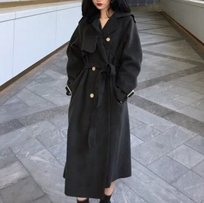 xakxx xakxx-Double-sided Tweed Coat Women  Autumn Winter Fashion Loose Long Warm Black Beige Khaki Tweed Trench Coat For Women