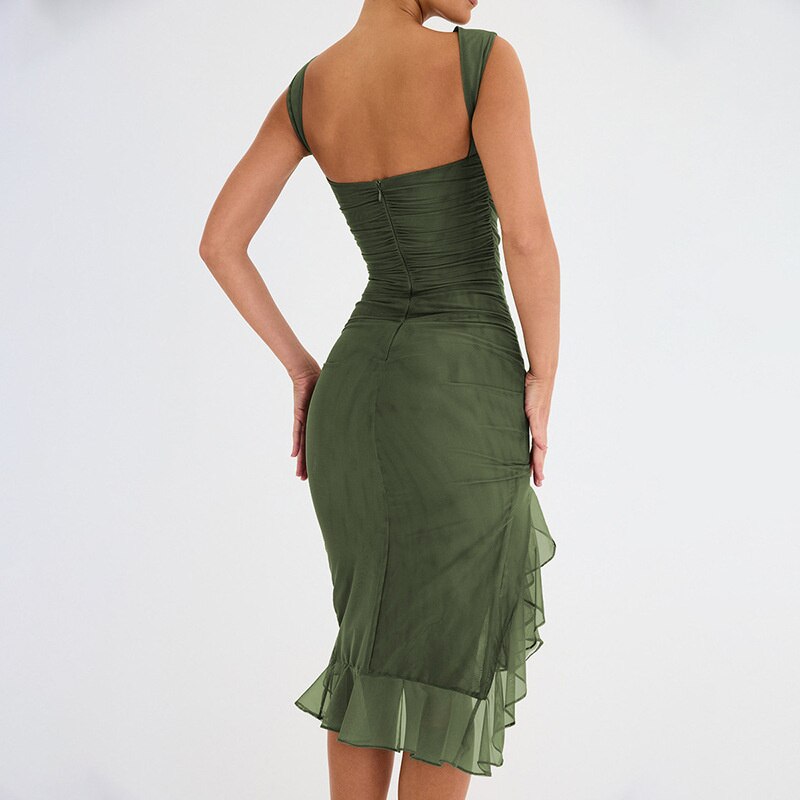xakxx Summer Round Neck Sleeveless Ruffle Bodycon Dress Women Slim Backless Tierred Pleated Party Dresses evening Clubwear