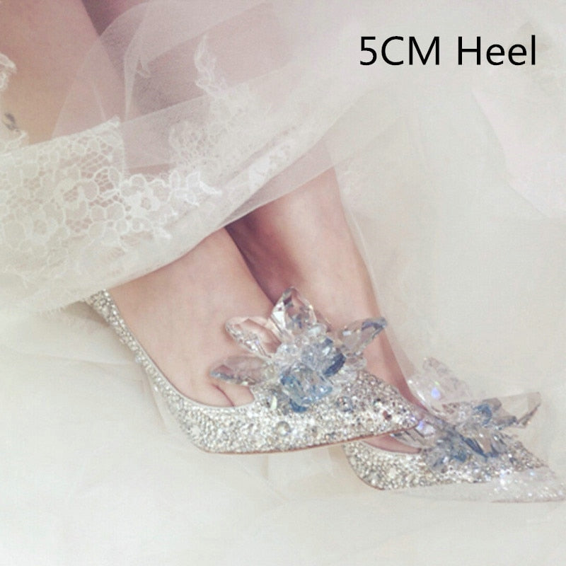 xakxx Newest  Cinderella Shoes Rhinestone High Heels Women Pumps Pointed Toe Woman Crystal Party Wedding Shoes 5Cm/7Cm/9Cm