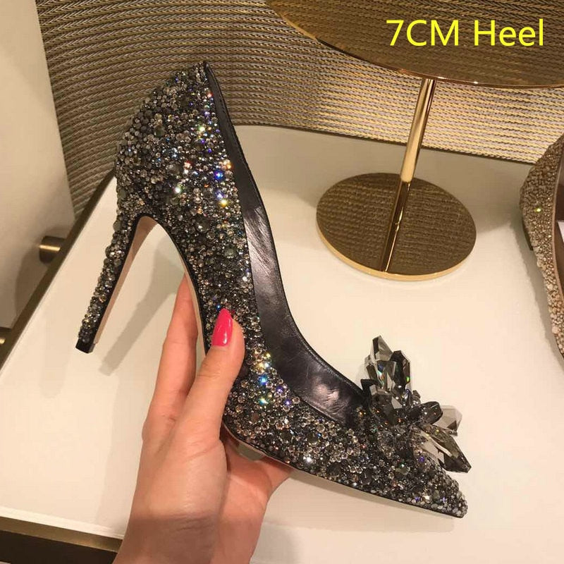 xakxx Newest  Cinderella Shoes Rhinestone High Heels Women Pumps Pointed Toe Woman Crystal Party Wedding Shoes 5Cm/7Cm/9Cm