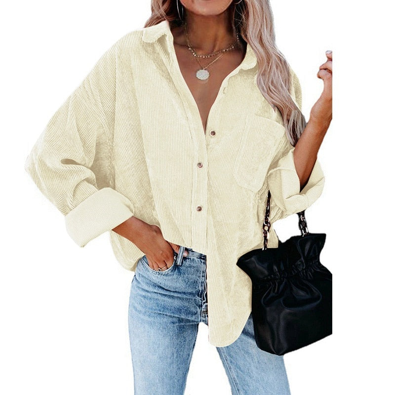 xakxx  Autumn Fashion Vintage Corduroy Blouse Jacket Strip Shirt Women Cotton Casual Tops Button Pocket Loose Blouse Outwear