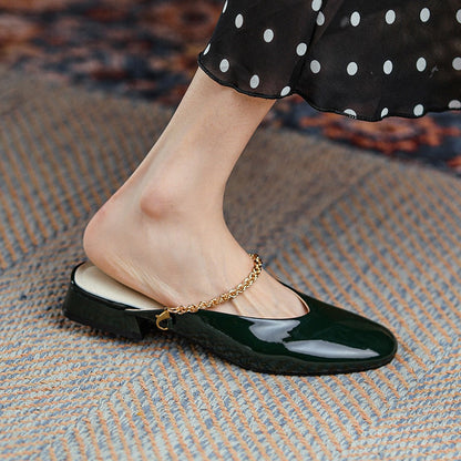 xakxx Outside Women's Muller Shoes Fashion Designe Middle Heel Ladies Sandals Classic Lersure Patent Leather Lazy Female Slipper