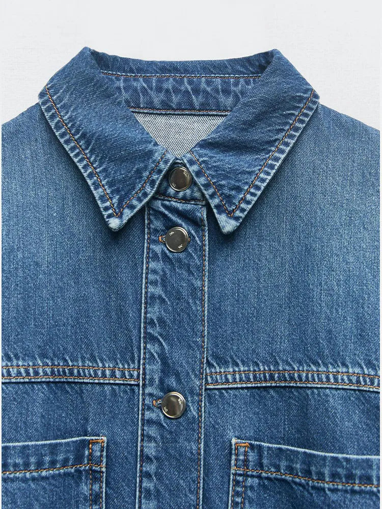 xakxx xakxx- New Women's Style Fashion Casual Long Sleeve Polo Shirt With Patch Pocket Front Metal Button Closed Loose Denim Shirt
