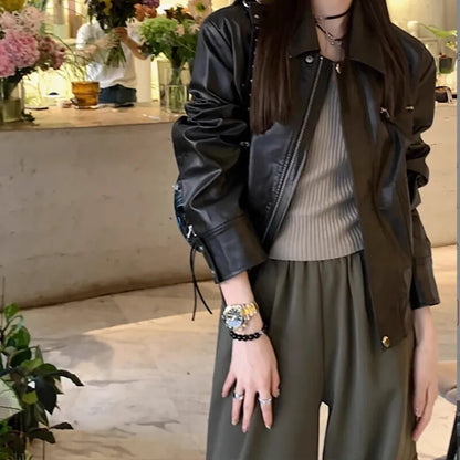 xakxx-Leather Short Coat Women  Autumn Vintage PU Loose Coffee Motorcycle Jacket Fashion Black Leather Coat For Women