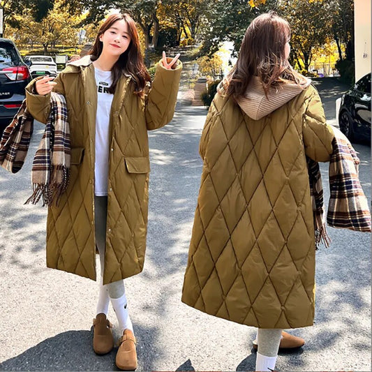 xakxx-Cotton Coat Removable Cap  Winter New Knitted Cap Doll Collar Lozenge Long Down Cotton Jacket Pink Brown Black White