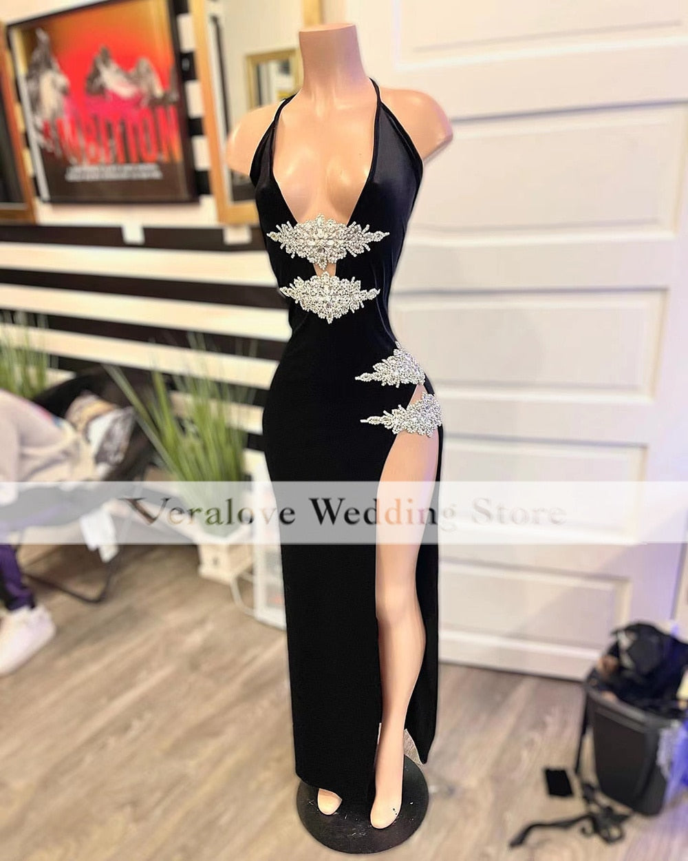 xakxx Sexy Black Dress for African V Neck Slit Beads Crystal Prom Dresses Mermaid Red Carpet Evening Party Gowns