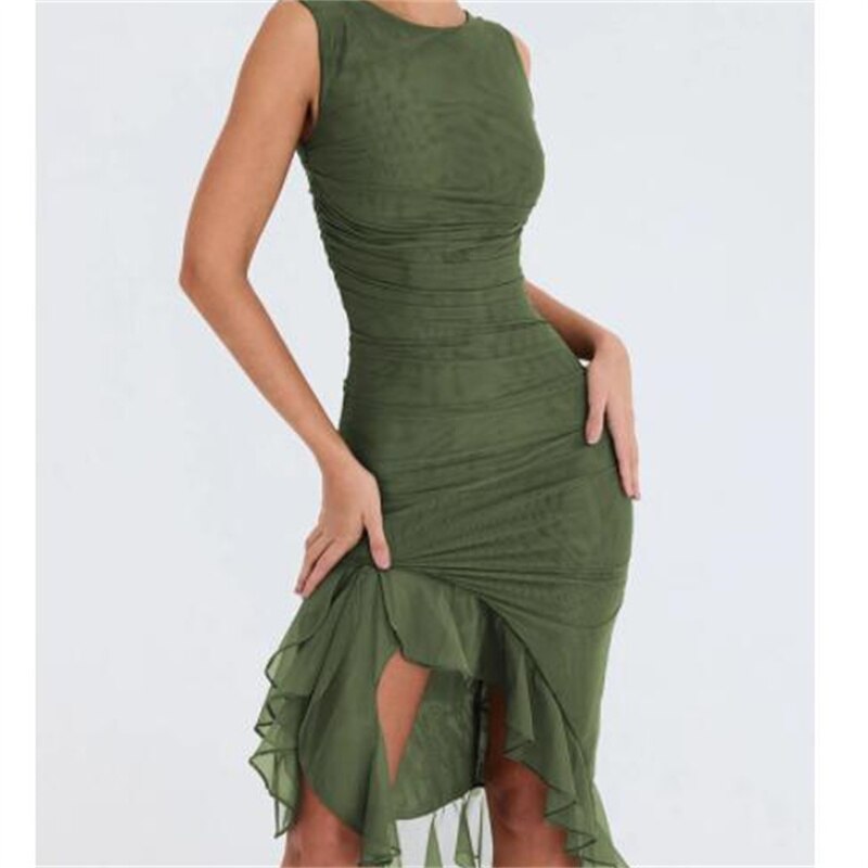 xakxx Summer Round Neck Sleeveless Ruffle Bodycon Dress Women Slim Backless Tierred Pleated Party Dresses evening Clubwear