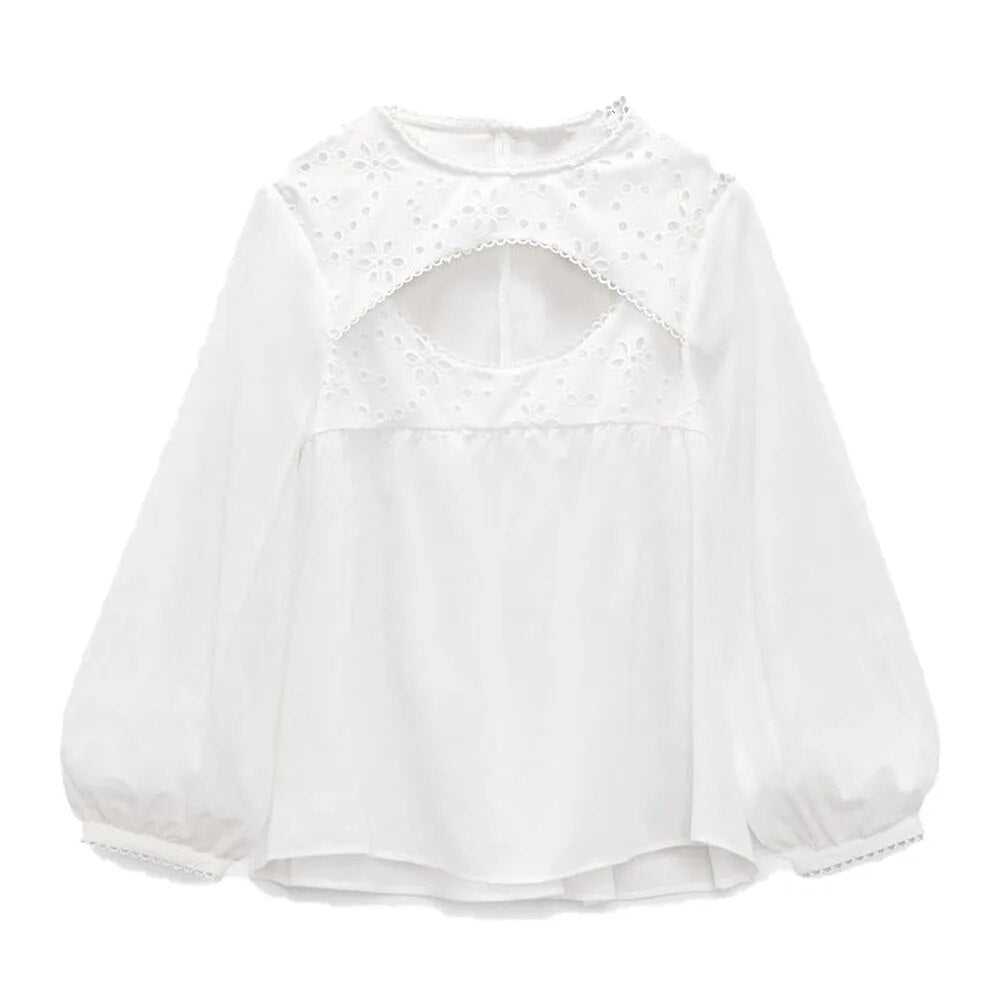 xakxx xakxx - New women's casual all-match round neck lace decoration long-sleeved white slit blouse top 3666122