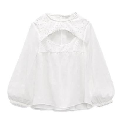 xakxx xakxx - New women's casual all-match round neck lace decoration long-sleeved white slit blouse top 3666122