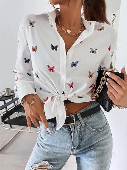 xakxx xakxx- Autumn Butterfly Shirt Women Button V-Neck Long Sleeves Female Stylish Lapel Blouses OL Slim Fit Tops