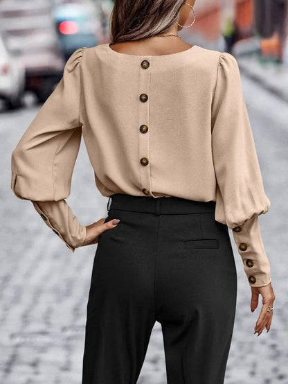 xakxx- Chic New Lantern Sleeve Button O Neck Shirts Women Solid Color Blouse Autumn Spring Lady OL Tops