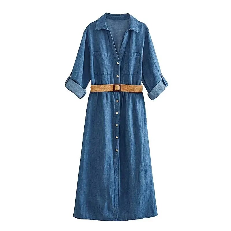xakxx- New Women's Casual Chic Front Patch Pockets Front Button Closure Contrasting Belt Linen Blend Shirt Dress