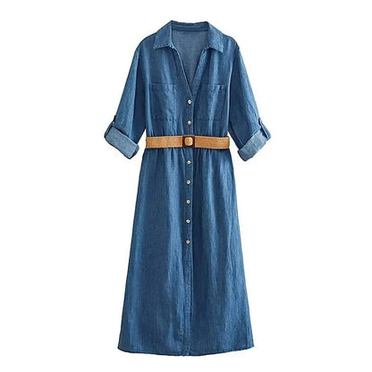 xakxx- New Women's Casual Chic Front Patch Pockets Front Button Closure Contrasting Belt Linen Blend Shirt Dress