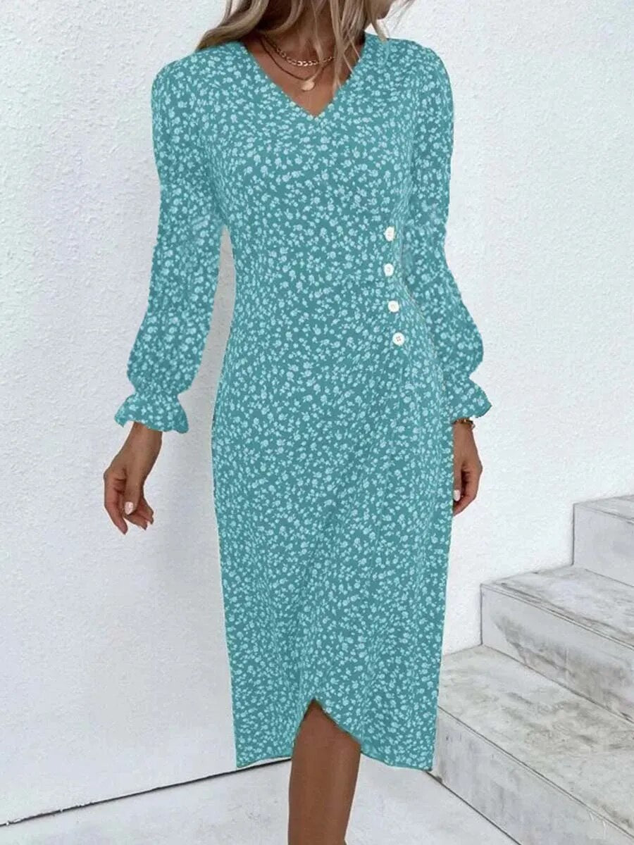 xakxx-  Autumn Floral Bodycon Midi Dress For Women V Neck Long Sleeve Ruched Slim Fit Dresses Female Sexy Vestido Robe