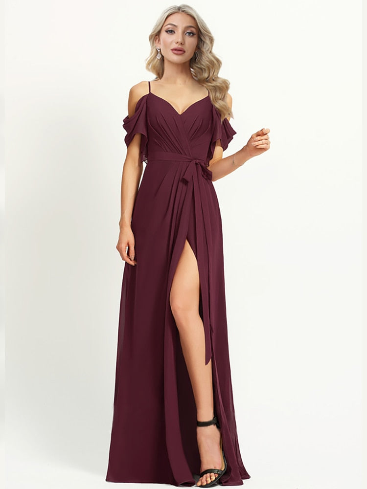 xakxx  Women Party Maxi Floor Length Dress Chiffon V Neck Sexy Slit Elegant Evening Dress Long Bridesmaid Prom Dress